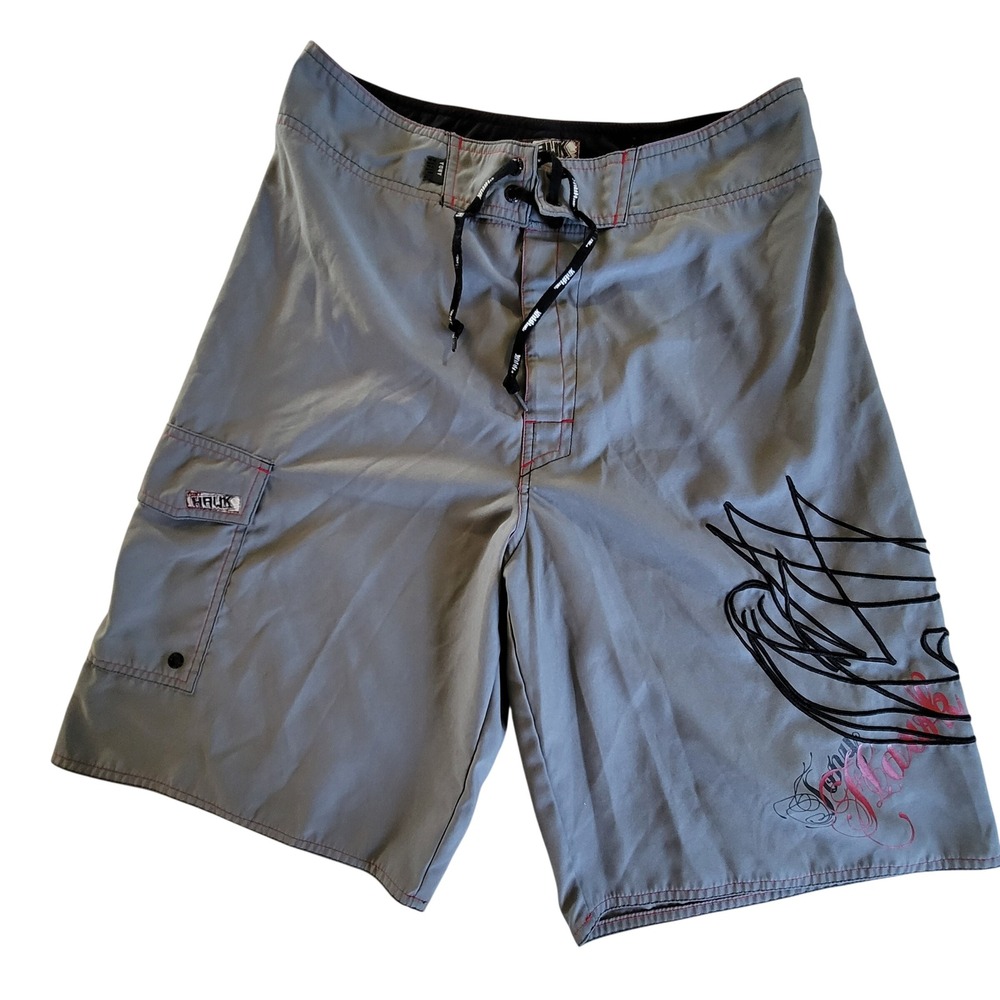 Tony Hawk Board Shorts Mens 32 Gray Graphic Print Skater Surf Swim Trunks